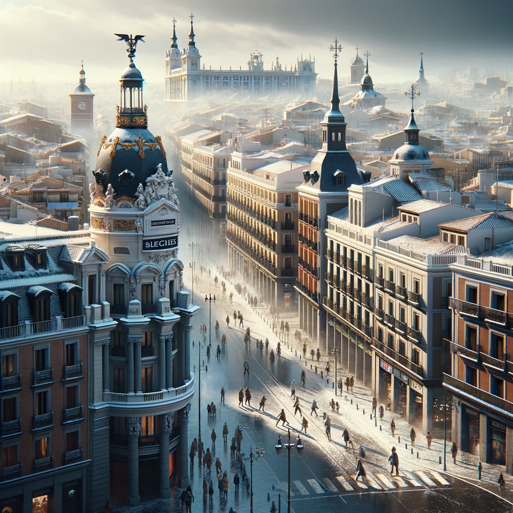 Zimowy widok Madrytu z historycznymi budynkami i jasnym niebem