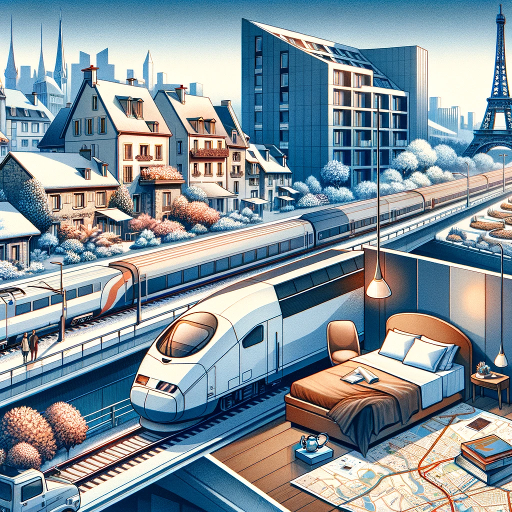 TGV, przytulny pokój hotelowy, mapa Francji