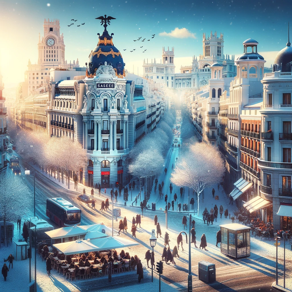 Zimowy krajobraz Madrytu z charakterystyczną architekturą i mieszkańcami w zimowych ubraniach