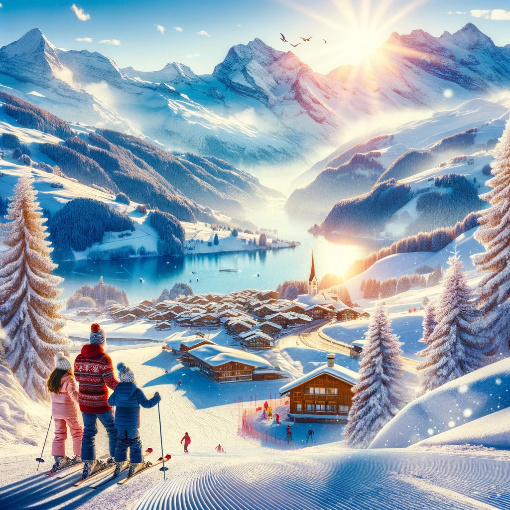 Rodzina ciesząca się zjazdami na nartach na tle śnieżnych szwajcarskich gór
