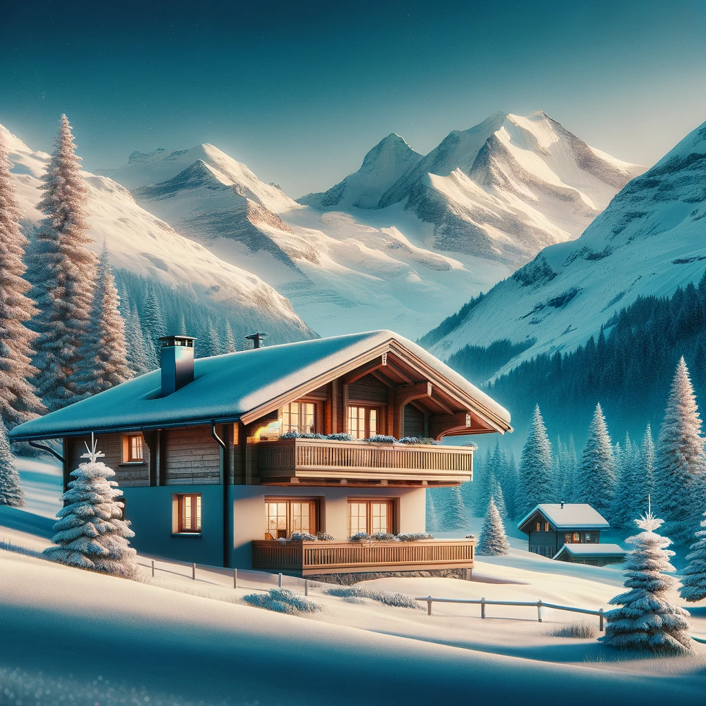 Urokliwe szwajcarskie schronisko w zimowym krajobrazie, otoczone śnieżnymi górami