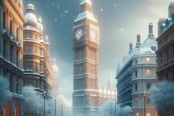 Big Ben w Londynie podczas lekkiego opadu śniegu, zimowa atmosfera miasta