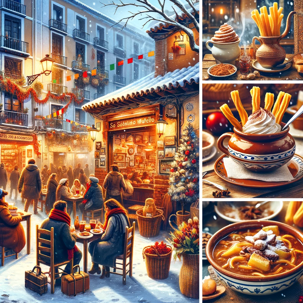Przytulna atmosfera tradycyjnej restauracji w Madrycie z zimowymi daniami