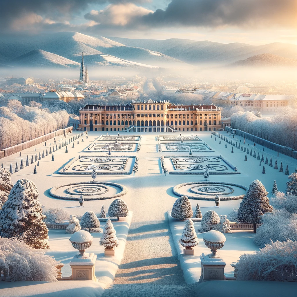 Zimowy widok Pałacu Schönbrunn z pokrytymi śniegiem ogrodami