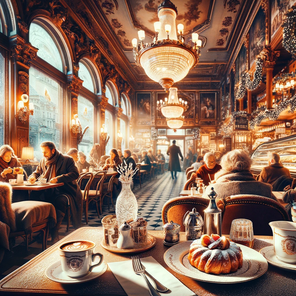 Przytulne wnętrze wiedeńskiej kawiarni zimą z ludźmi delektującymi się kawą i ciastami