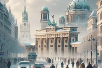 Zimowy krajobraz Berlina z widokiem na Bramę Brandenburską pokrytą lekkim śniegiem