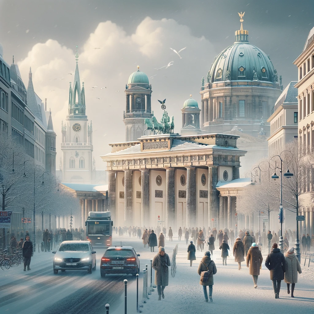 Zimowy krajobraz Berlina z widokiem na Bramę Brandenburską pokrytą lekkim śniegiem