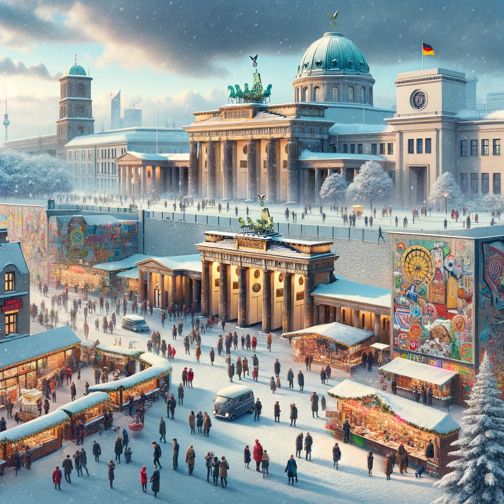 Zimowy Berlin z Bramą Brandenburską i Reichstagiem oraz kolorowymi muralami na East Side Gallery