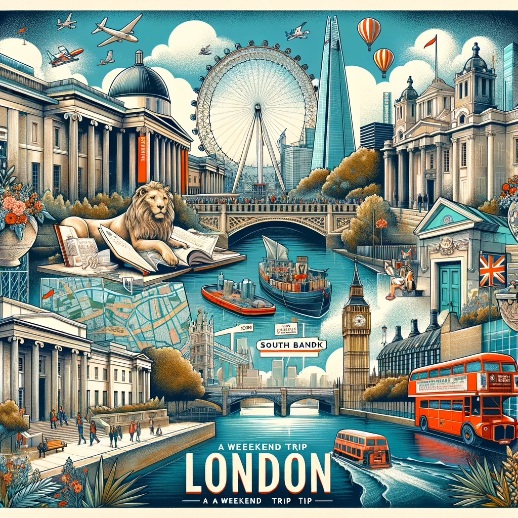 Kolaż przedstawiający atrakcje Londynu: Muzeum Brytyjskie, Tower of London, Covent Garden, London Eye, South Bank i Shoreditch