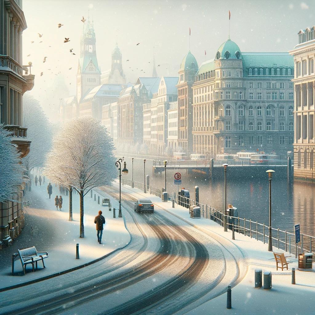 Zimowy krajobraz ulic Hamburga z lekkim śniegiem, historycznymi budynkami i rzeką Alster w tle