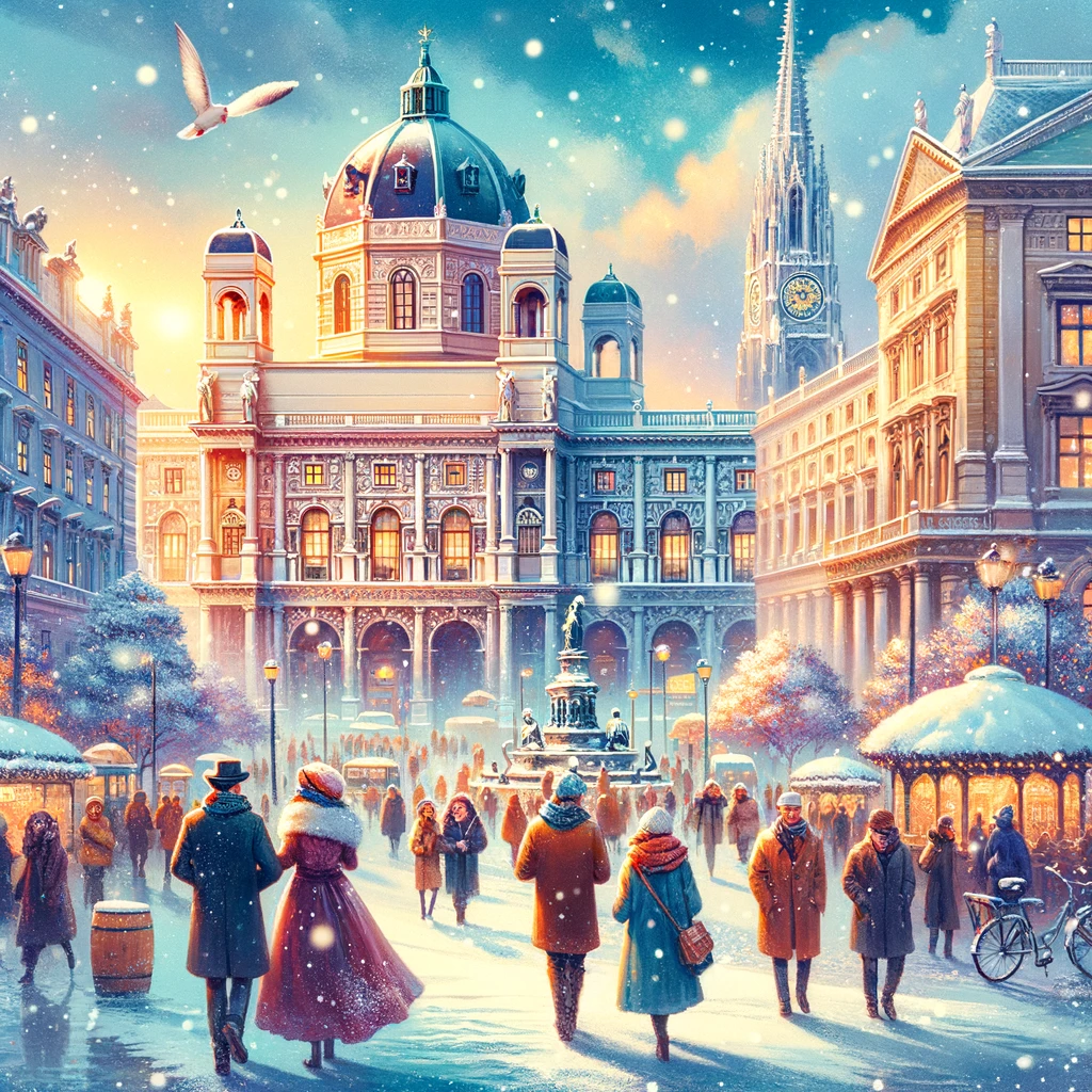 Zimowy widok Wiednia z ludźmi spacerującymi w pobliżu Pałacu Hofburg