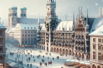 Zimowy pejzaż Monachium z widokiem na zabytkowe budynki i lekkim opadem śniegu