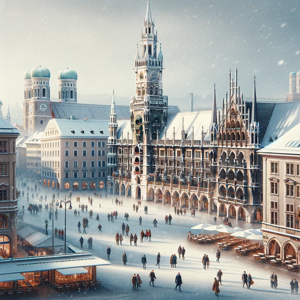 Zimowy pejzaż Monachium z widokiem na zabytkowe budynki i lekkim opadem śniegu