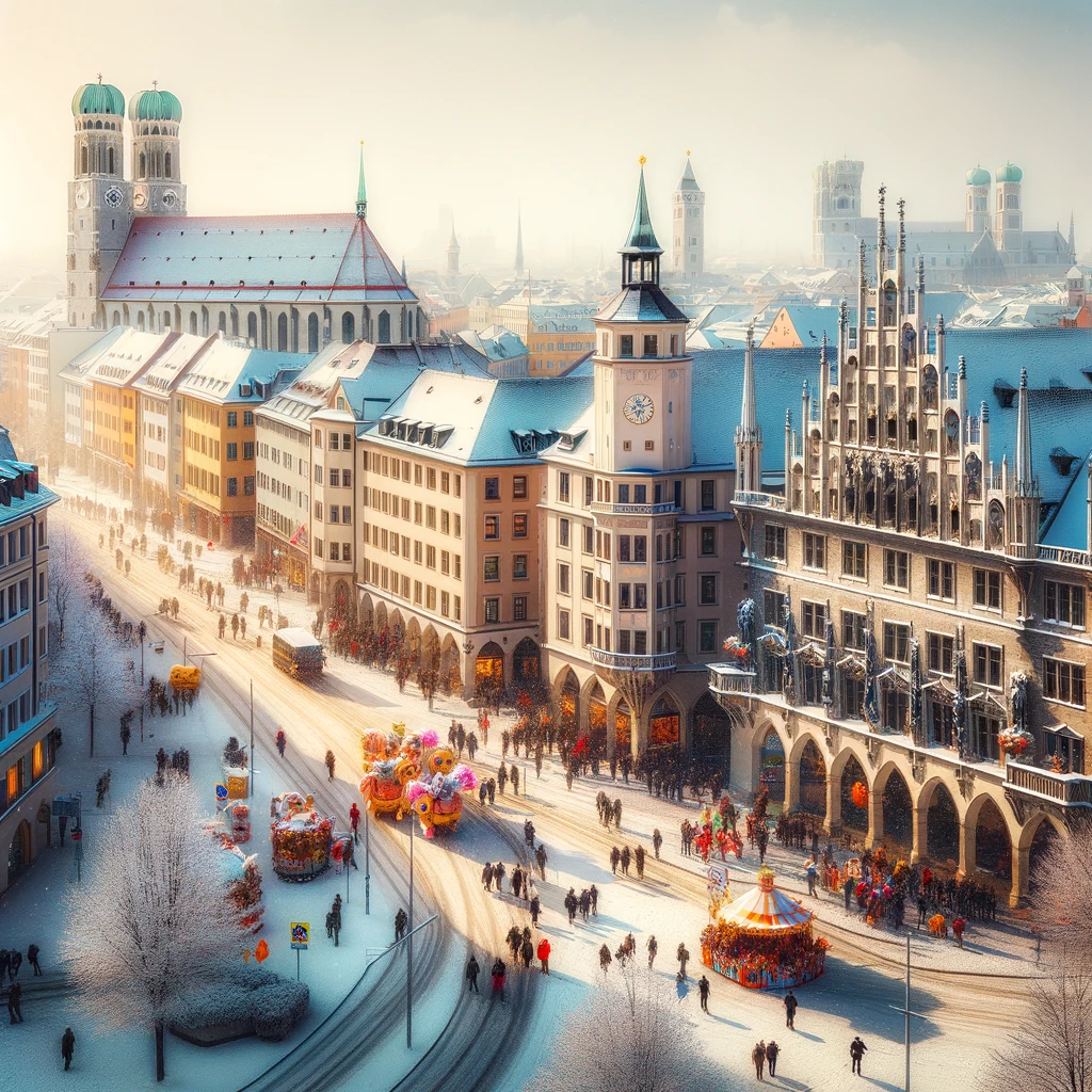 Monachium w lutym z zabytkową architekturą pokrytą lekką warstwą śniegu, ludzie cieszący się zimowym dniem i karnawałem