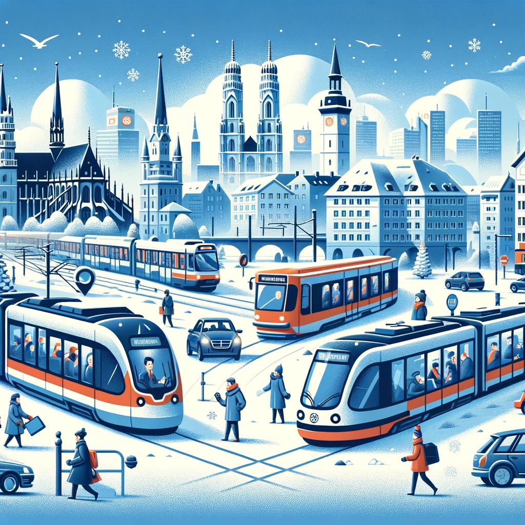 Scena przedstawiająca różne środki transportu w Monachium podczas zimy, w tym tramwaje, autobusy, U-Bahn i S-Bahn, z ludźmi korzystającymi z nich w śnieżnym krajobrazie miasta