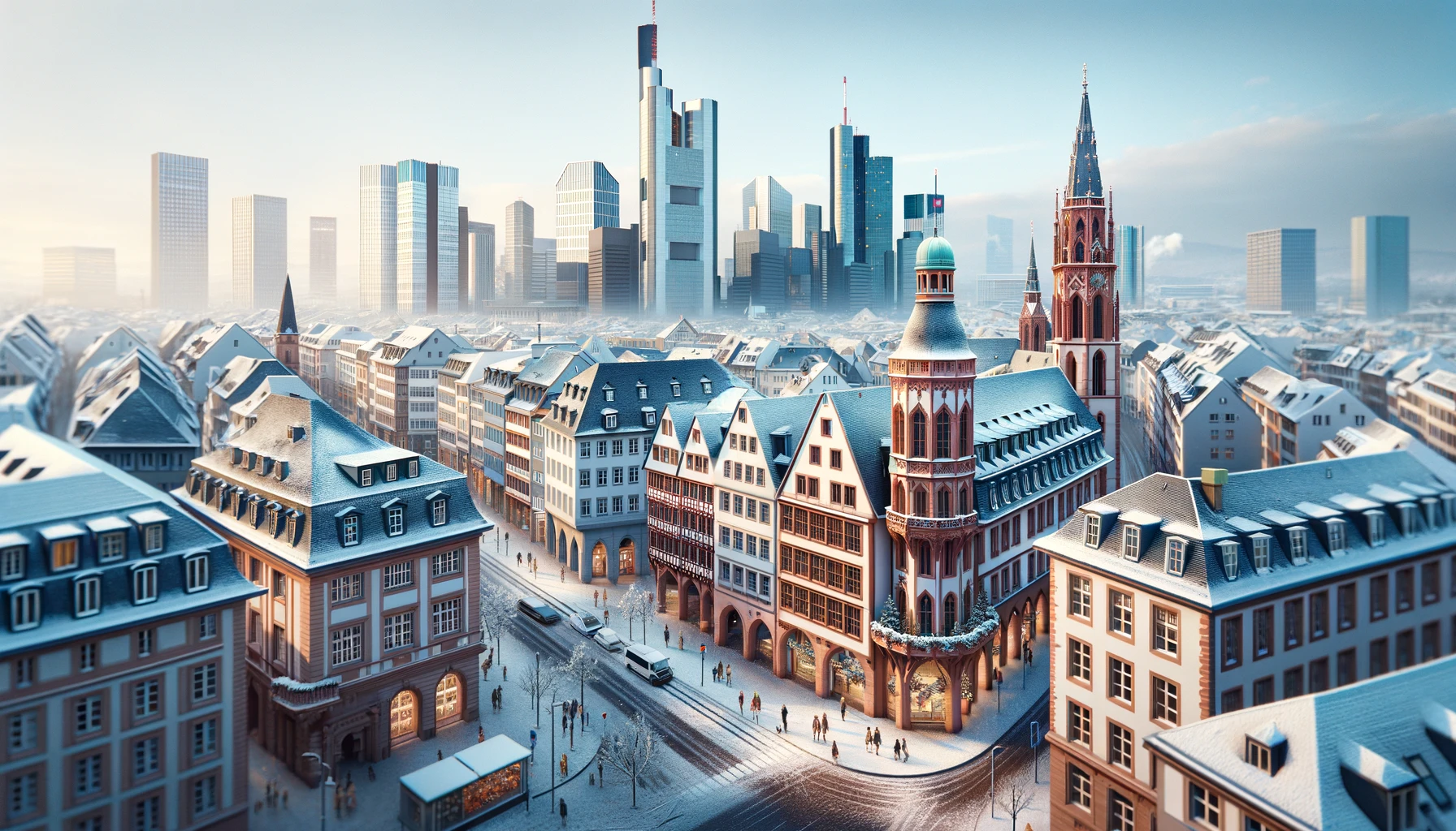 Zimowy widok na Frankfurt, pokazujący tradycyjną niemiecką architekturę i nowoczesne wieżowce.