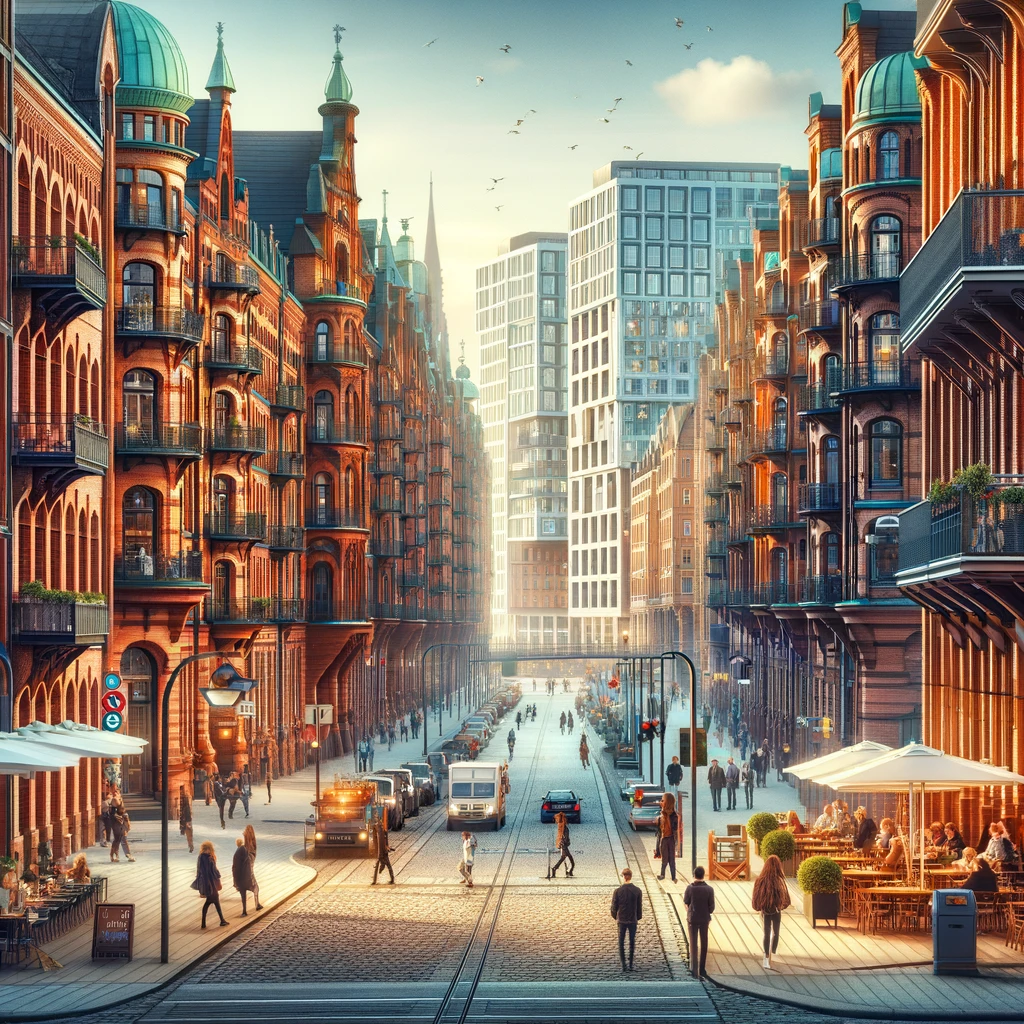 Żywa ulica w ikonicznej dzielnicy Hamburga, Speicherstadt z historycznymi magazynami i nowoczesne HafenCity w tle