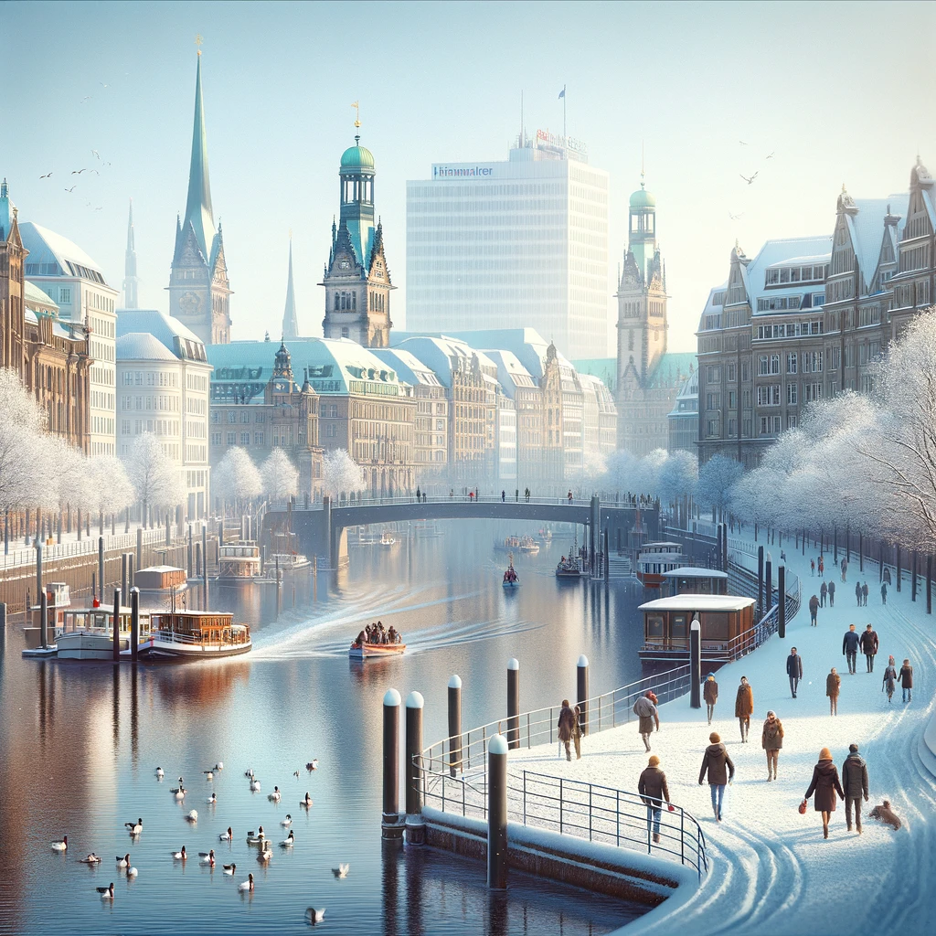 Zimowy urok Hamburga: malowniczy widok na rzekę Alster z pokrytymi śniegiem brzegami i miastem w tle