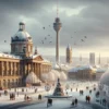 Zimowy pejzaż Stuttgartu z charakterystycznymi zabytkami i ludźmi spacerującymi po mieście