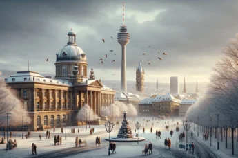 Zimowy pejzaż Stuttgartu z charakterystycznymi zabytkami i ludźmi spacerującymi po mieście