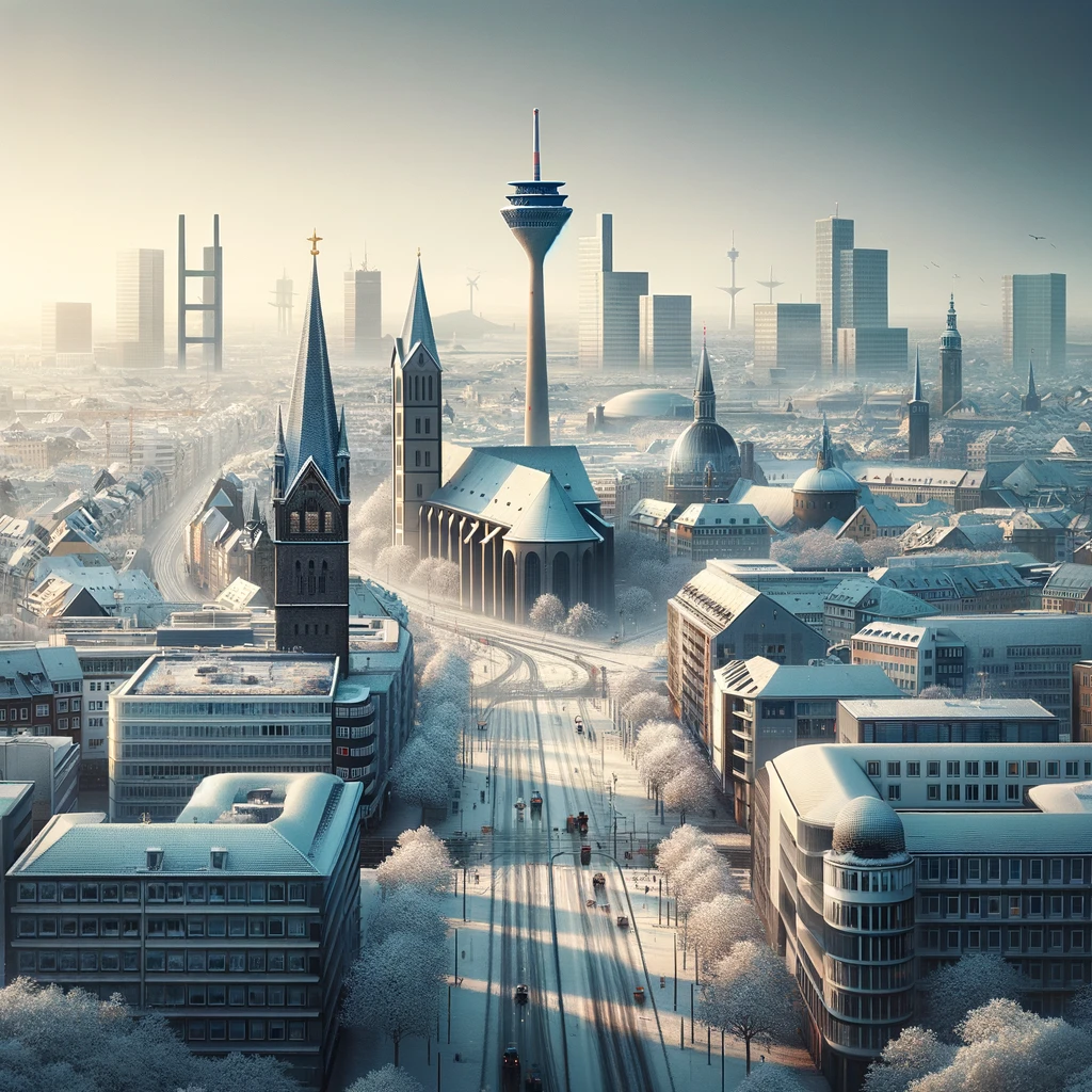 Zimowy pejzaż Düsseldorfu z widokiem na miasto