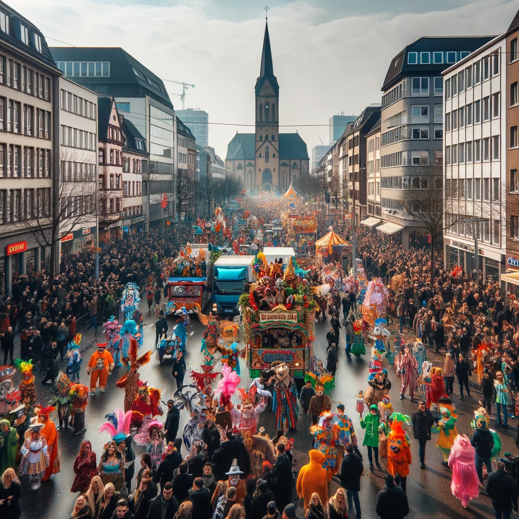 Kolorowy karnawał na ulicach Düsseldorfu w lutym, z tłumem ludzi w kostiumach
