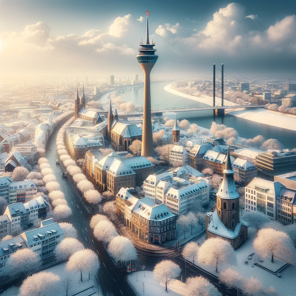 Panoramiczny widok Düsseldorfu zimą z Rheinturm i zabytkowym Altstadt pokrytym lekkim śniegiem
