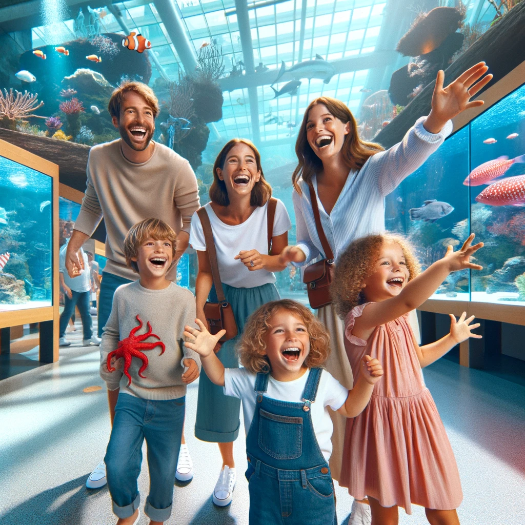 Radosna scena w Aquazoo Löbbecke Museum w Düsseldorfie, gdzie rodziny i dzieci odkrywają wystawy akwarystyczne i wchodzą w interakcje z życiem morskim