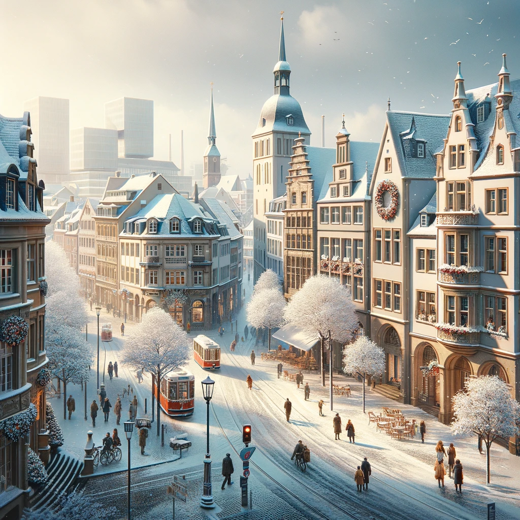 Zimowa atmosfera w Düsseldorfie: malowniczy widok na historyczne Altstadt i nowoczesny MedienHafen w tle