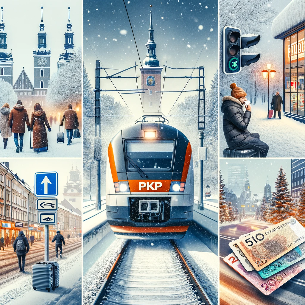 Kolaż przedstawiający praktyczne aspekty podróżowania po Polsce zimą: pociąg PKP Intercity, zimowe ubrania, polskie złotówki i karty kredytowe