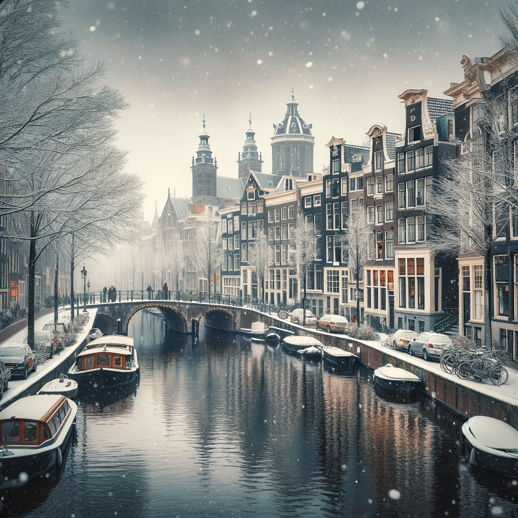 Kanały Amsterdamu w zimowej scenerii z historyczną architekturą