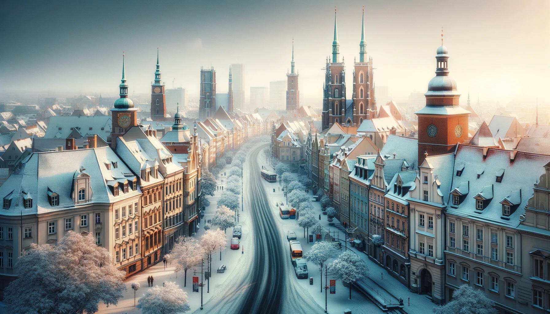 Wrocławskie ulice pokryte śniegiem, zabytkowa architektura w tle.