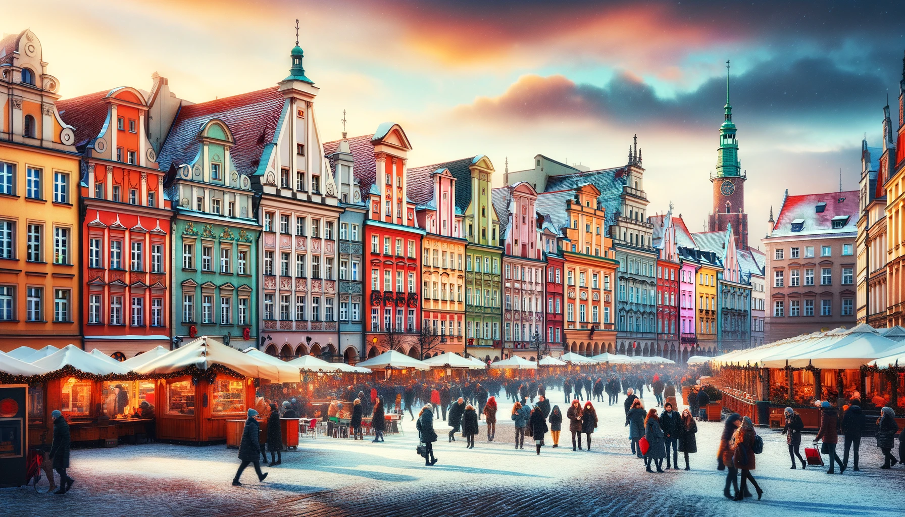 Żywy widok Rynku we Wrocławiu w lutym, z kolorowymi fasadami historycznych budynków i tłumem ludzi cieszących się zimowymi aktywnościami.