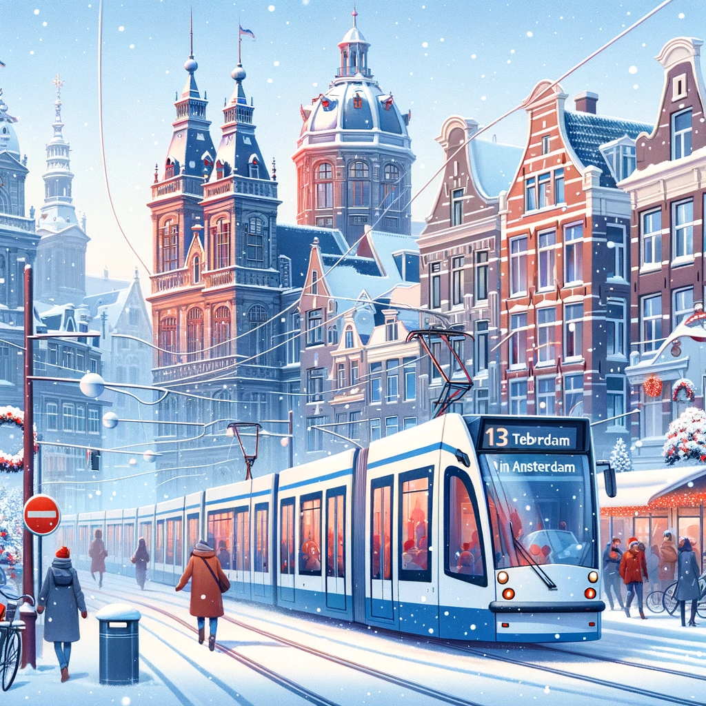 Zimowa scena w Amsterdamie z tramwajami na śnieżnych ulicach