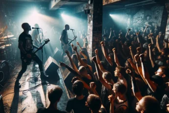 Koncert punkrockowy w podziemiach Krakowa z energetyczną publicznością i zespołem na scenie