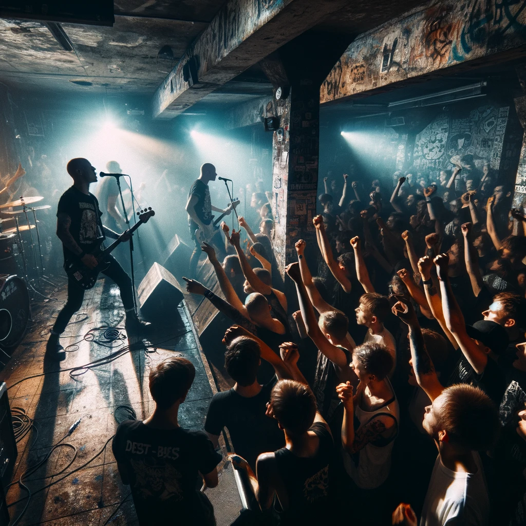 Koncert punkrockowy w podziemiach Krakowa z energetyczną publicznością i zespołem na scenie