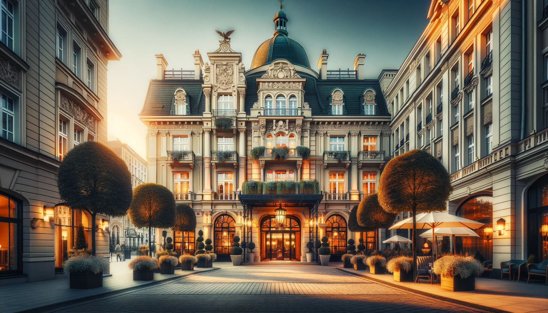 Elegancki widok zewnętrzny luksusowego Hotelu Monopol we Wrocławiu, łączący historyczną i nowoczesną architekturę.