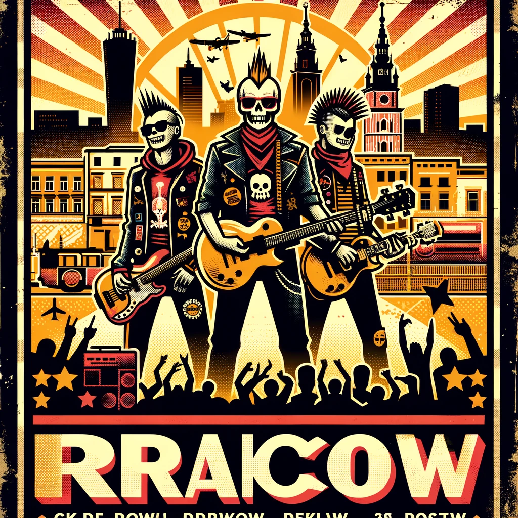 Plakat w stylu vintage zespołu punkrockowego z Krakowa z retro grafiką