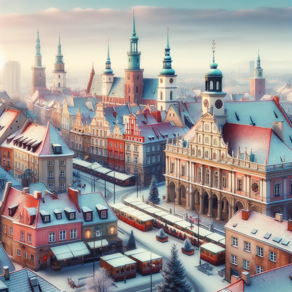 Zimowy widok na Poznań, historyczne budynki i mroźny krajobraz