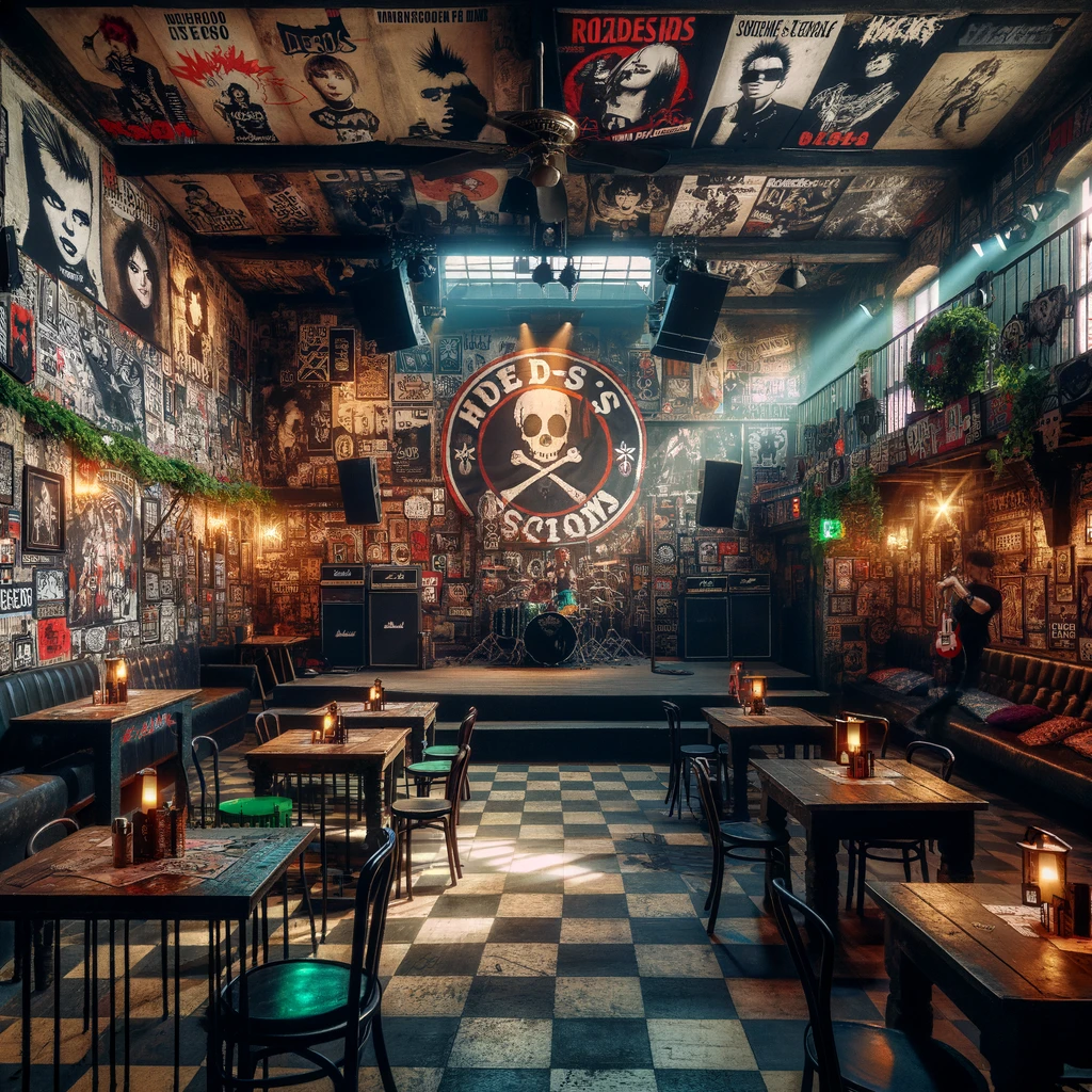Wnętrze znanego klubu punkrockowego w Krakowie z wyrazistym wystrojem