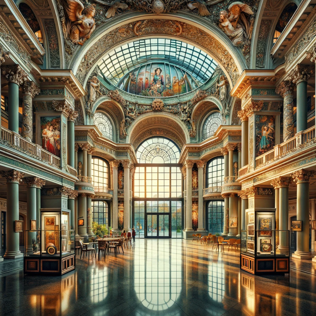 Zachwycający widok na Muzeum Narodowe w Poznaniu z imponującą architekturą i widokiem na kolekcję sztuki przez duże okna