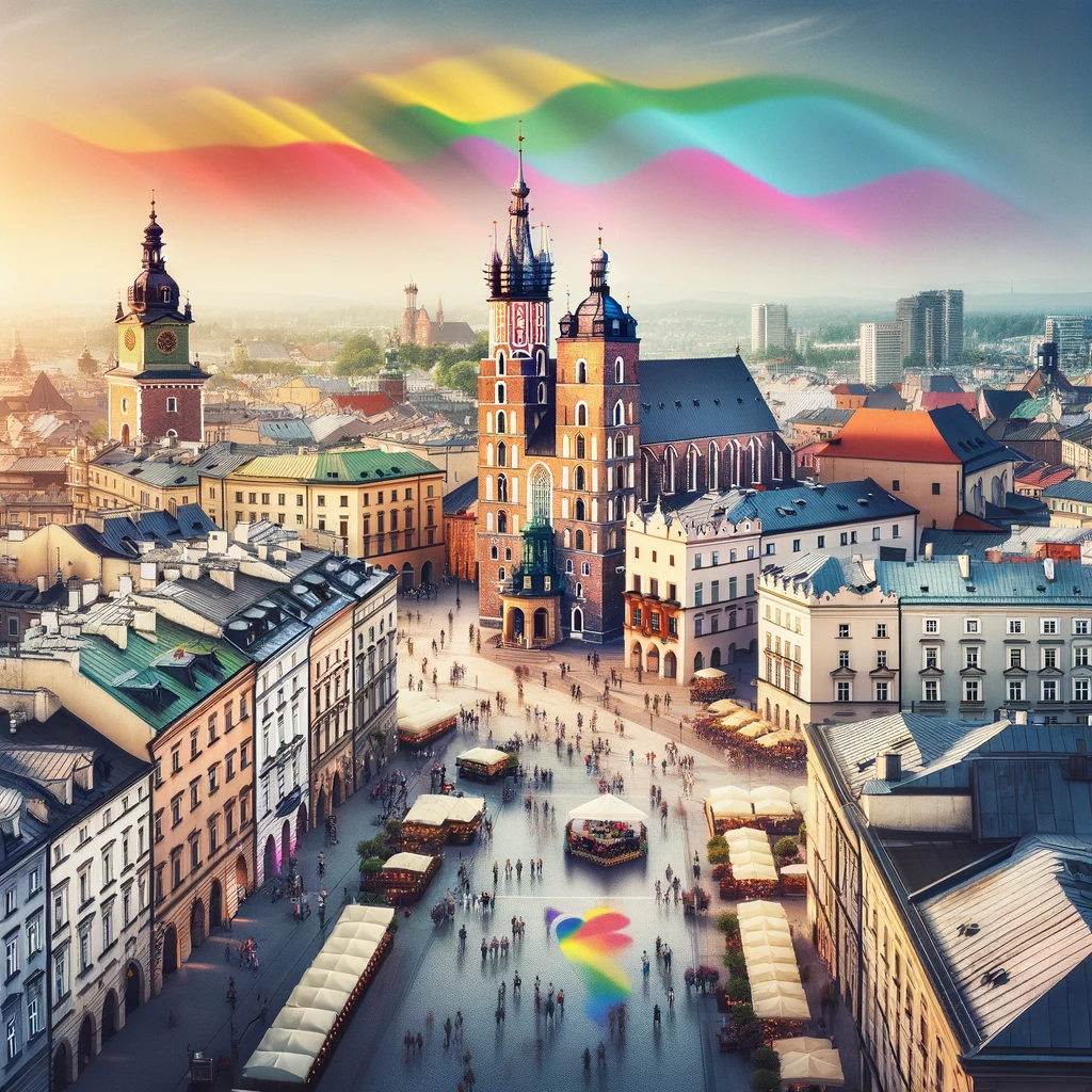 Widok na historyczną architekturę Krakowa z subtelnie widoczną tęczową flagą
