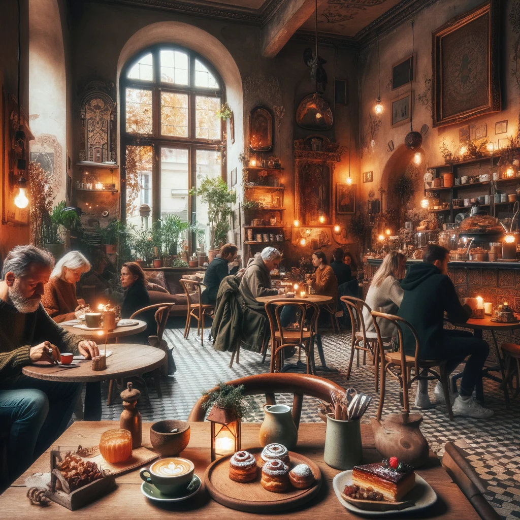 Przytulne i atmosferyczne wnętrze Cafe La Ruina w Poznaniu, z ludźmi delektującymi się kawą i domowymi wypiekami w ciepłej i zapraszającej przestrzeni