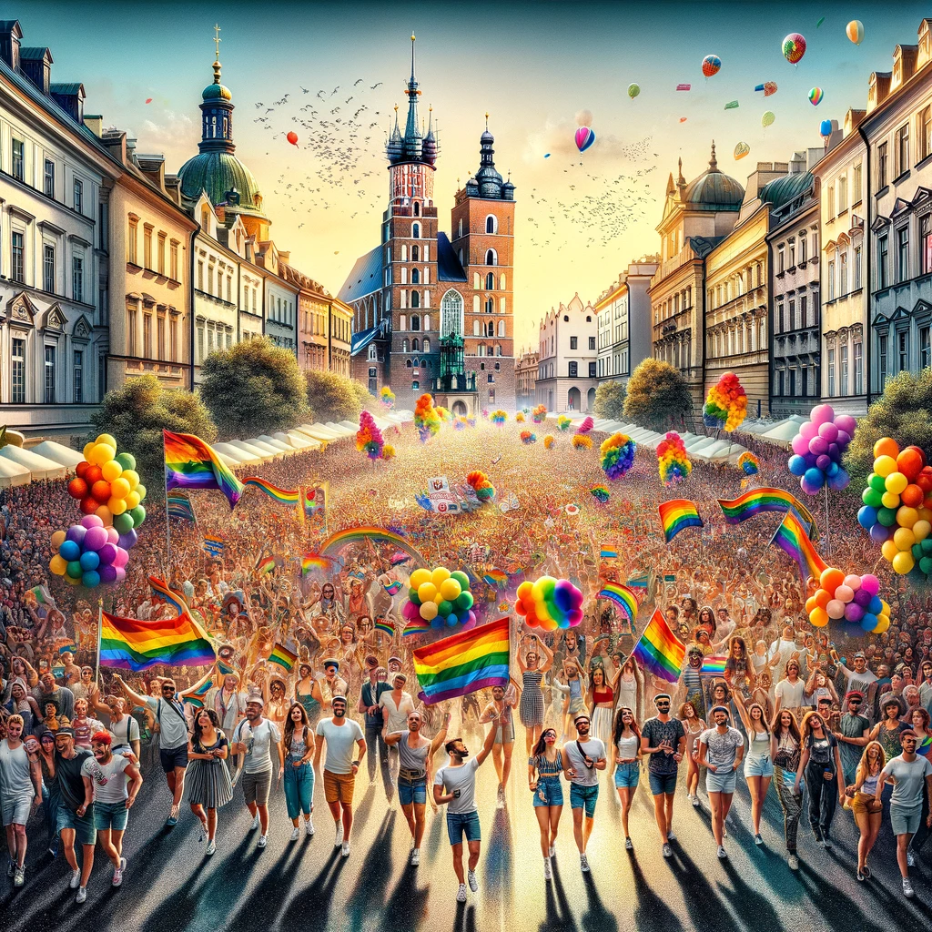 Kolorowa Parada Równości w Krakowie z tłumem ludzi i tęczowymi flagami