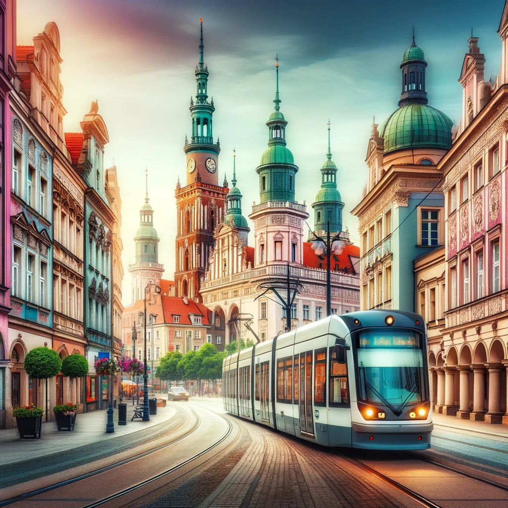 Żywa scena uliczna w Poznaniu, Polska, z tramwajem przejeżdżającym przez miasto na tle historycznych budynków, ilustrująca wygodny transport publiczny i urokliwy krajobraz miejski