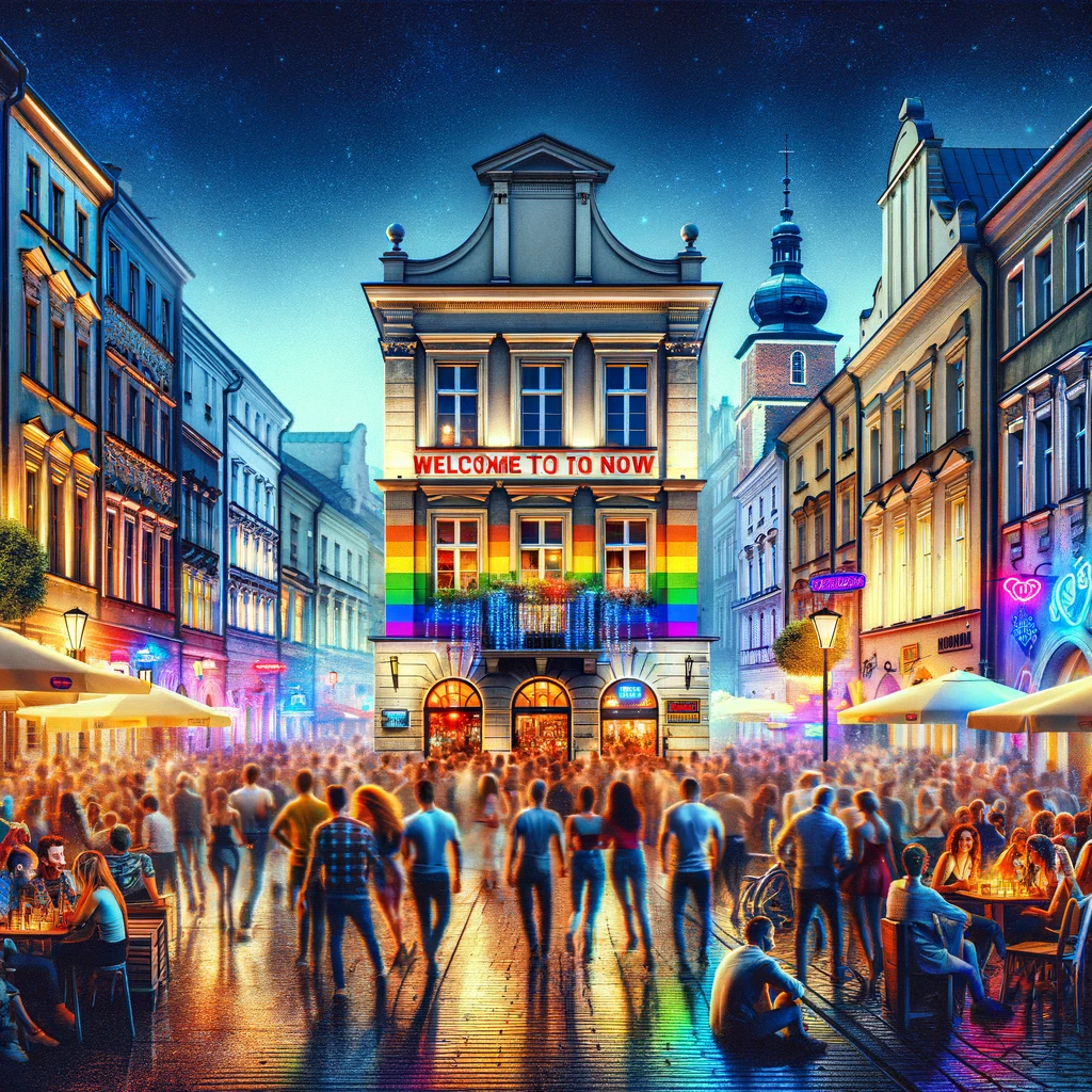 Żywa scena uliczna Krakowa nocą z tłumem ludzi i kolorowymi światłami