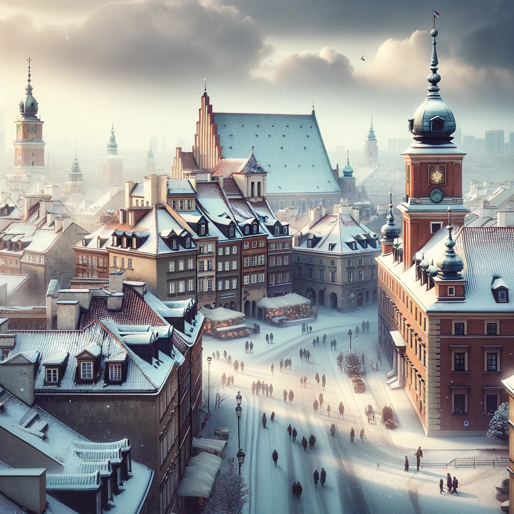 Zimowa panorama Warszawy z widokiem na Stare Miasto