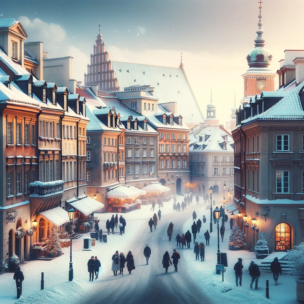 Zimowy pejzaż Starego Miasta w Warszawie, z pokrytymi śniegiem ulicami i budynkami