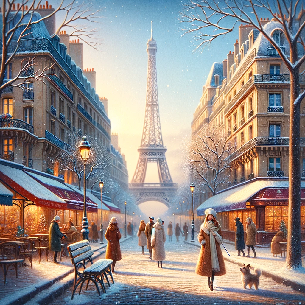 Paryż w lutym z widokiem na Wieżę Eiffla i lekko zaśnieżone ulice, ludzie w ciepłych zimowych ubraniach