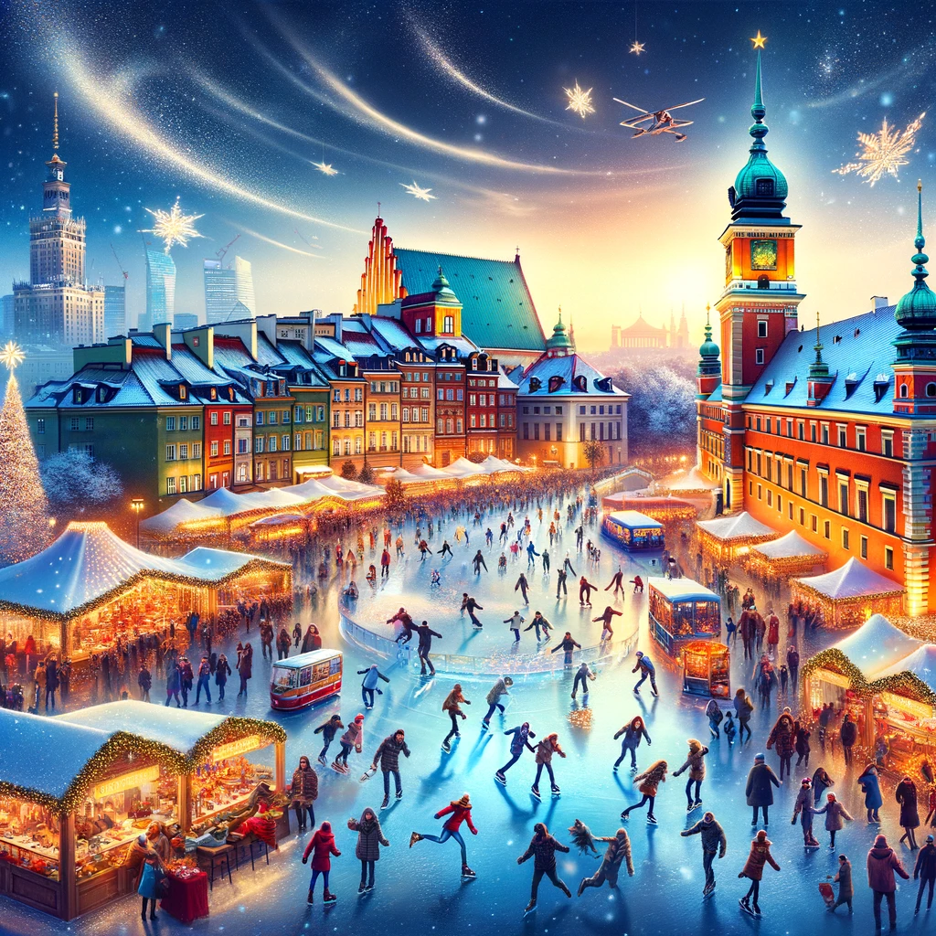 Zaczarowana zimowa scena w Warszawie z festiwalem świateł na ulicy, ludźmi na lodowisku i żywą atmosferą zimowego targu